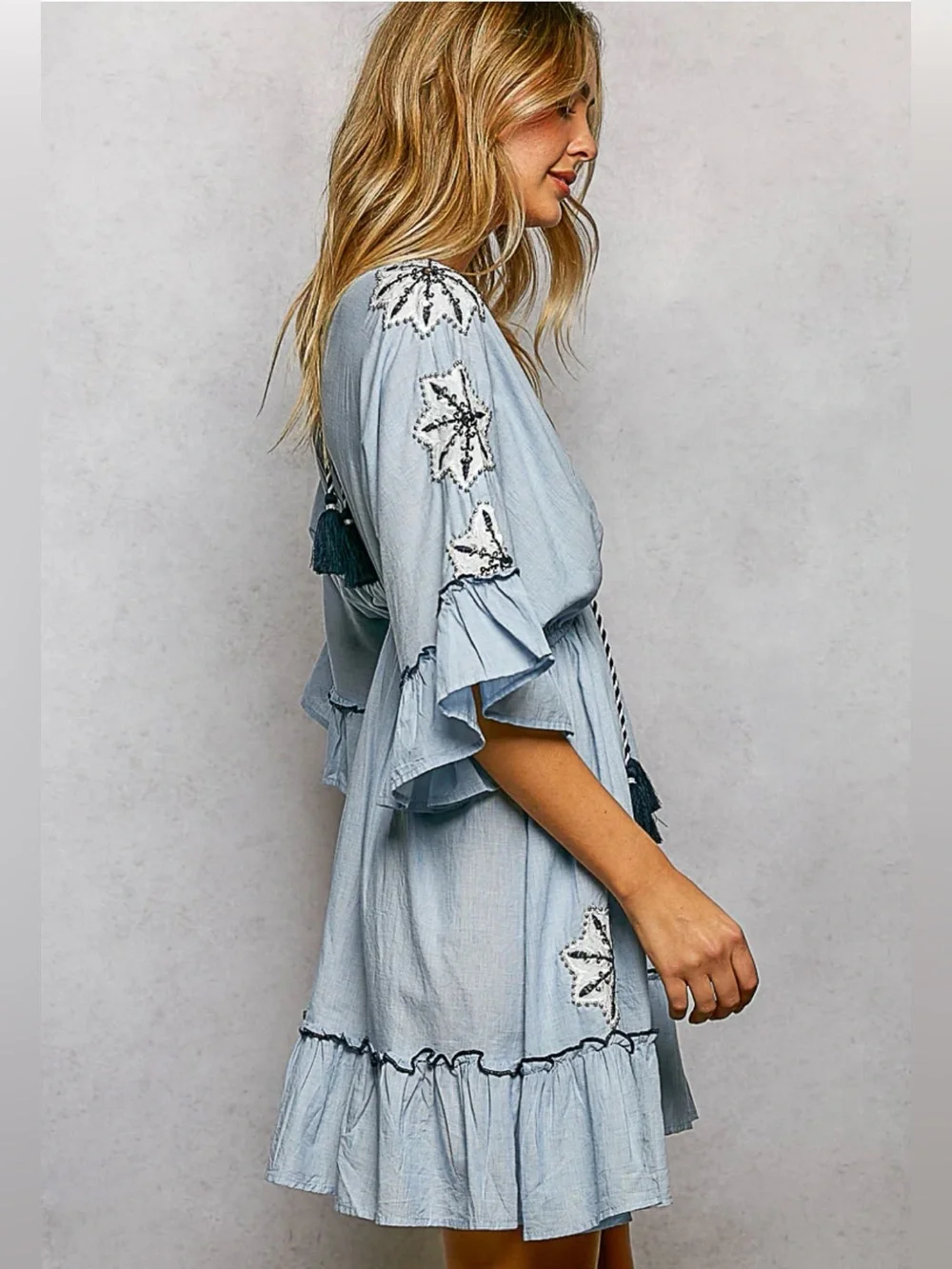 POL Boho Embroidered Star Mini Dress with Tassel Tie – Light Denim Blue Large - Picture 3 of 7